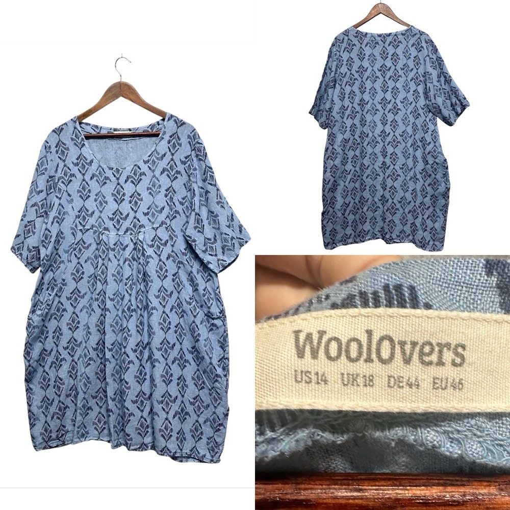 Woolovers Linen Tunic Dress Size 14 Blue‎ Oversized Pockets Scoop Neck Relaxed